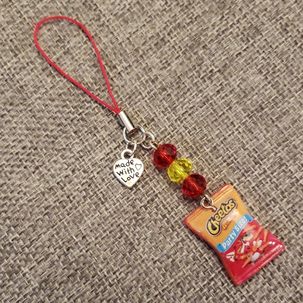 Cheetos Phone Charm Keychain with Red and Yellow Beads